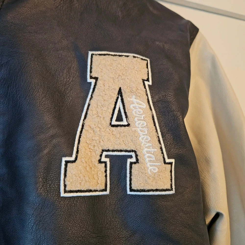 Aeropostale Bomber Varsity Letter Jacket Navy Faux Leather Mens Medium Hoodie‎